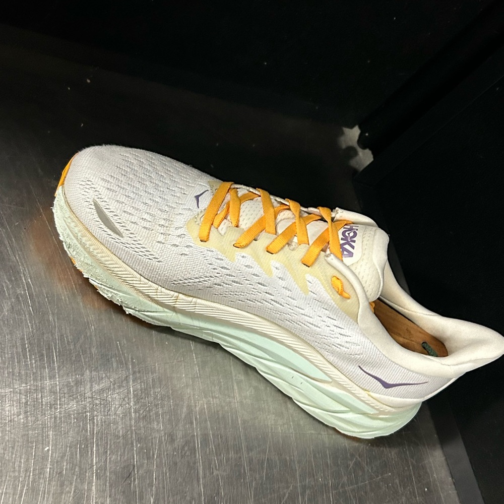 Hoka Women's White Sneakers with Yellow Laces and Purple Logo - Picture 5 of 11